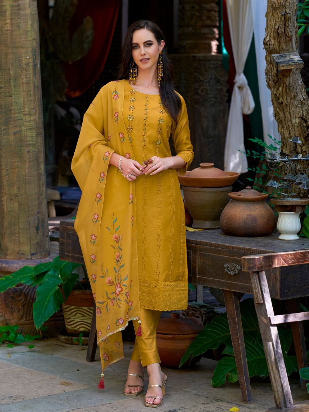 Printed Chanderi Silk Pakistani style Salwar Kameez in Yellow Color-71026