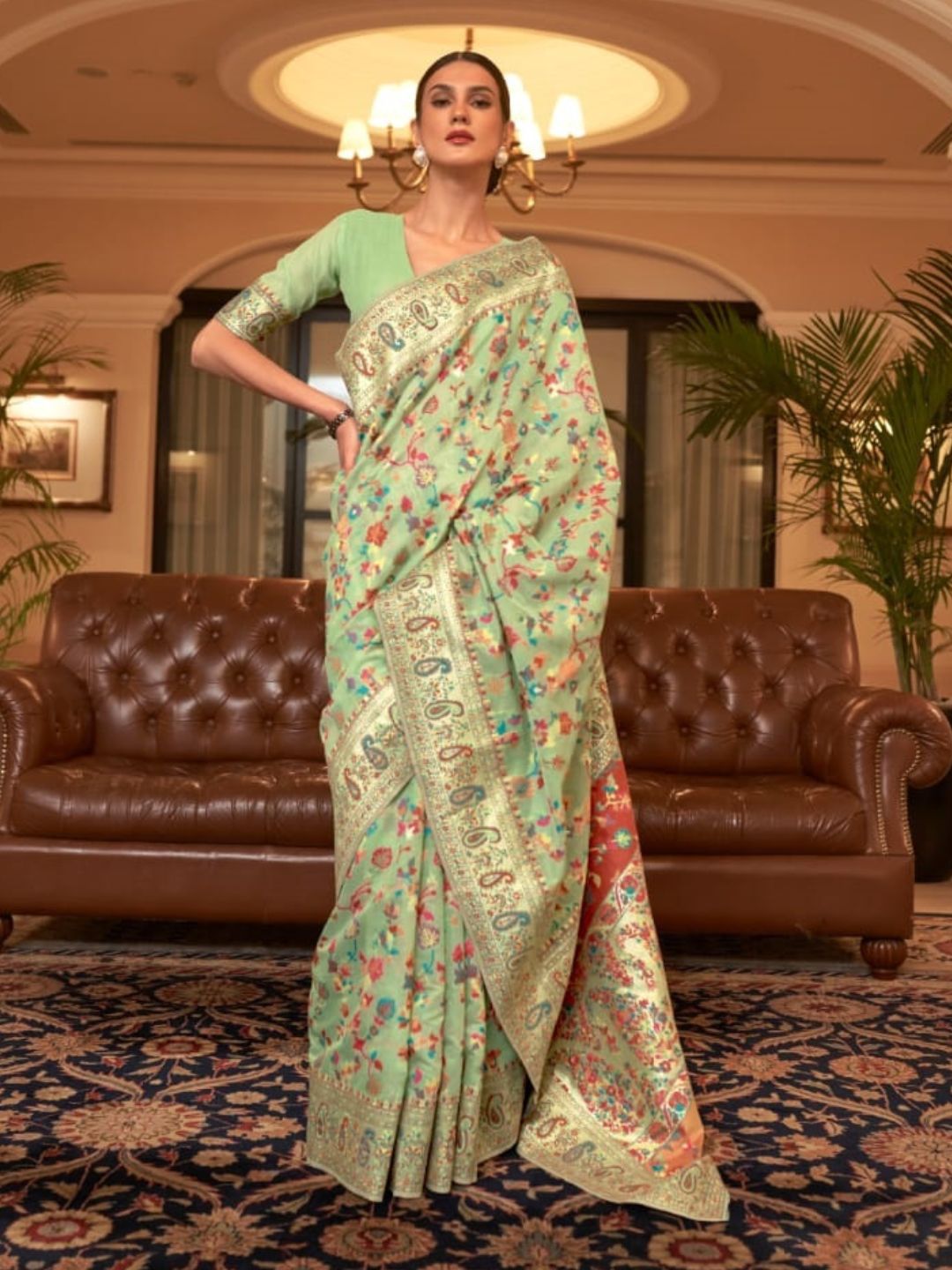 Weaving Kashmiri Bollywood Saree In Green-81071