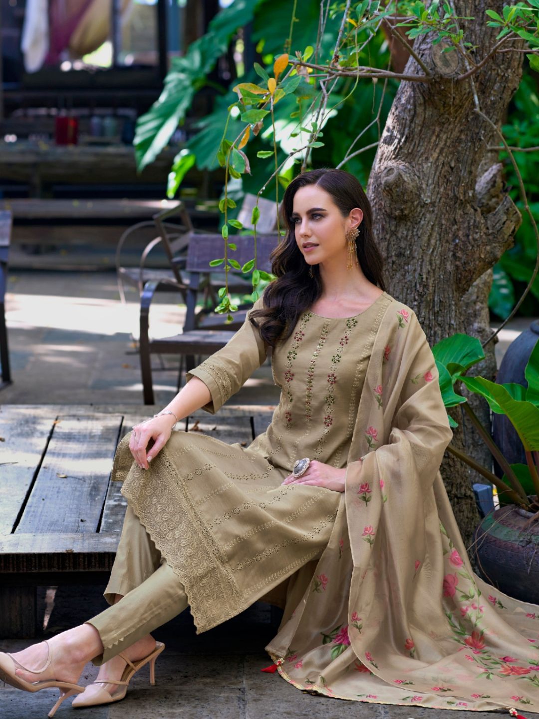 Printed Chanderi Silk Pakistani style Salwar Kameez in Beige Color-71027