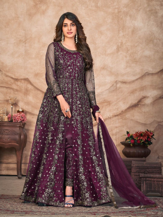 Embroidered Net Partywear Salwar Kameez in Purple Color-71011
