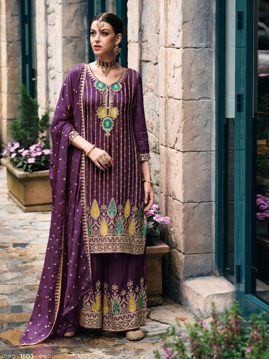 Embroidered Chinnon Free Size Plazzo style Salwar Kameez in Purple Color-71021