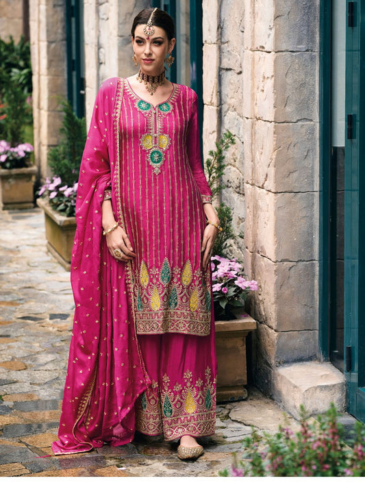 Embroidered Chinnon Free Size Plazzo style Salwar Kameez in Pink-71018