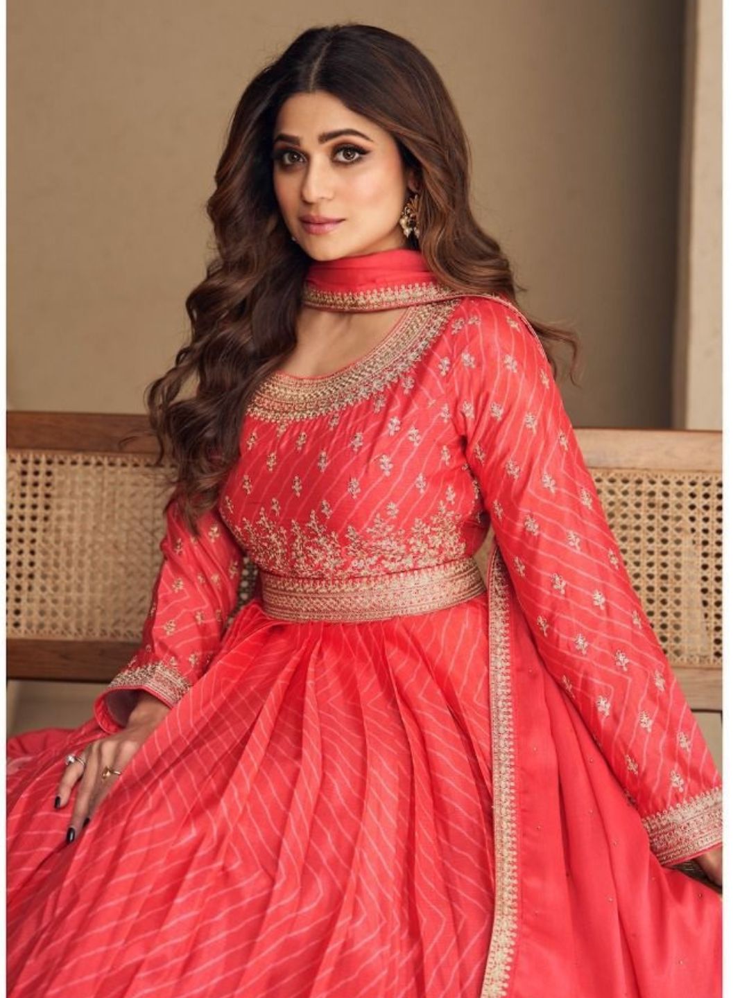 Digital Print Chinon Silk Gown Salwar Kameez in Orange Color