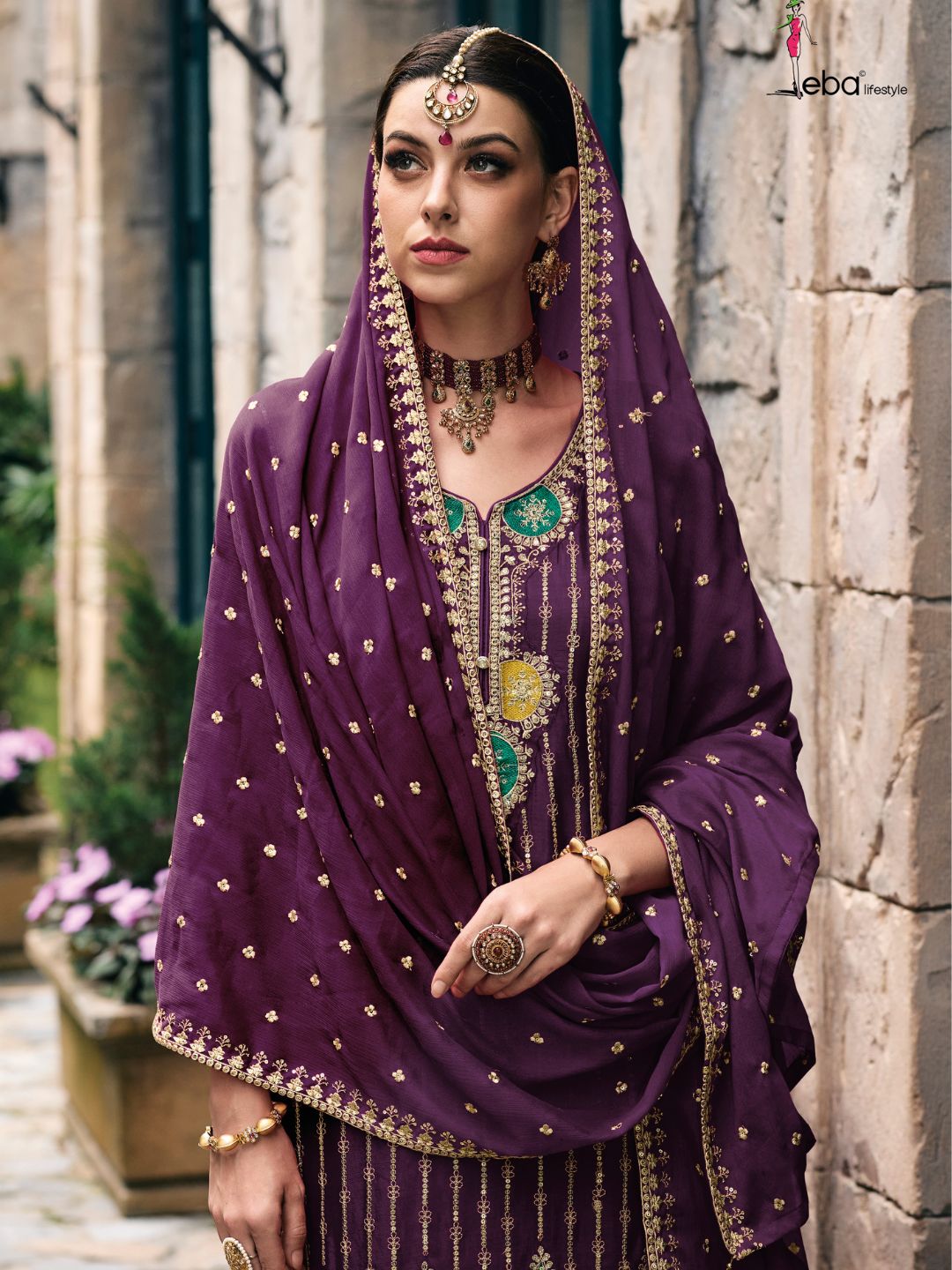 Embroidered Chinnon Free Size Plazzo style Salwar Kameez in Purple Color-71021