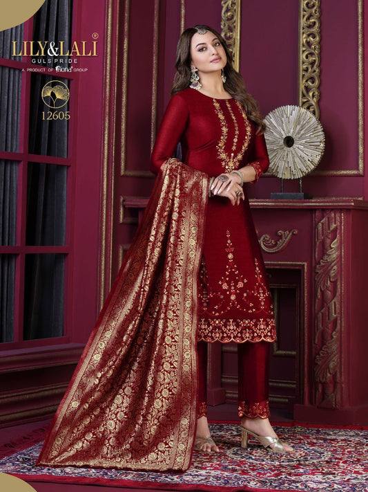 Sonakshi Sinha Bollywood Embroidered Silk Pakistani Style Salwar Kameez in Red Color-71036