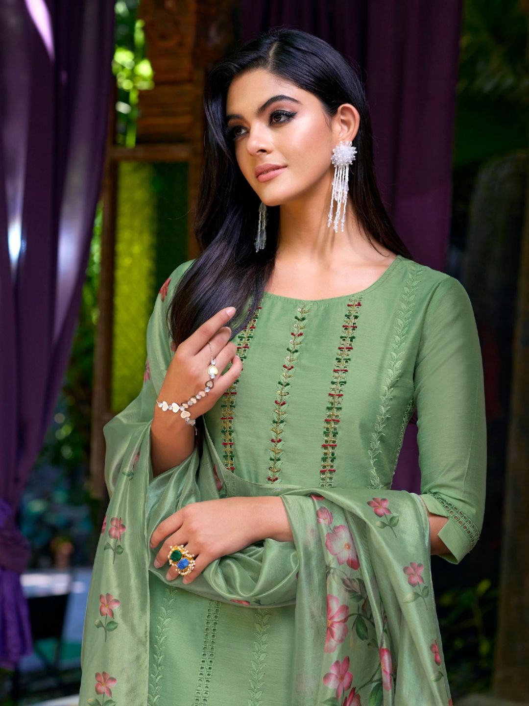 Printed Chanderi Silk Pakistani style Salwar Kameez in Green Color-71028