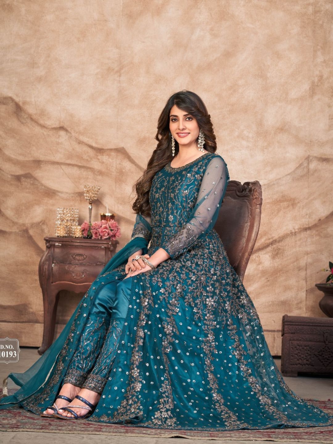 Embroidered Net Partywear Salwar Kameez in Blue Color-71012