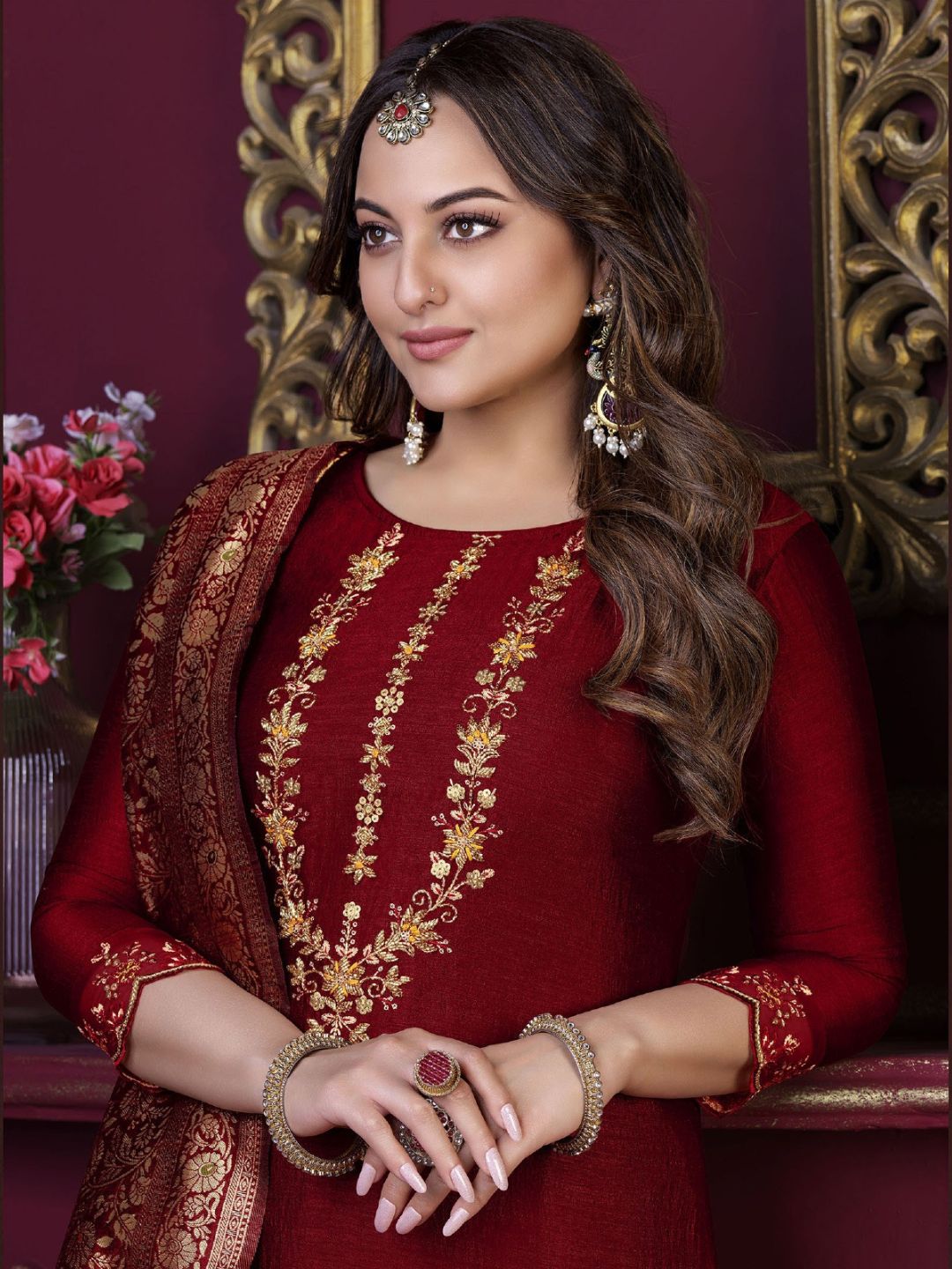 Sonakshi Sinha Bollywood Embroidered Silk Pakistani Style Salwar Kameez in Red Color-71036