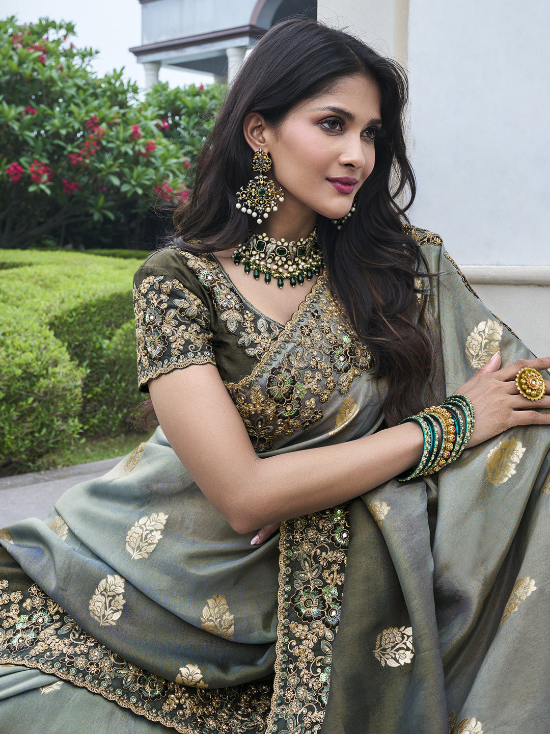 Zari Embroidery Soft Fancy Double shaded Saree in Grey Color-81547