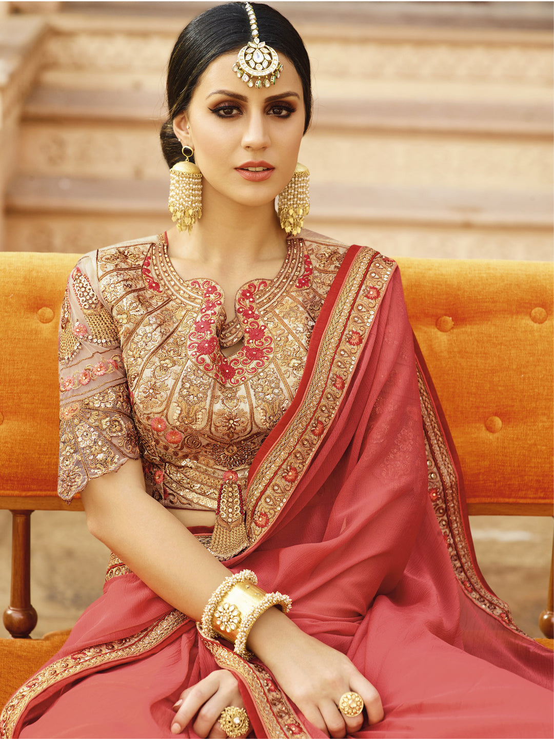Embroidered Border Chiffon Saree in Pink color-82078
