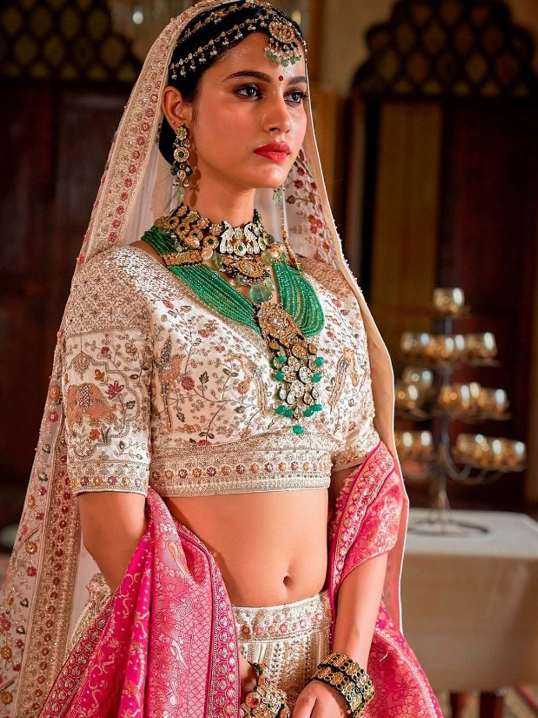 Silk Traditional Wedding Reception Bridal Lehenga In White and Pink color-41100