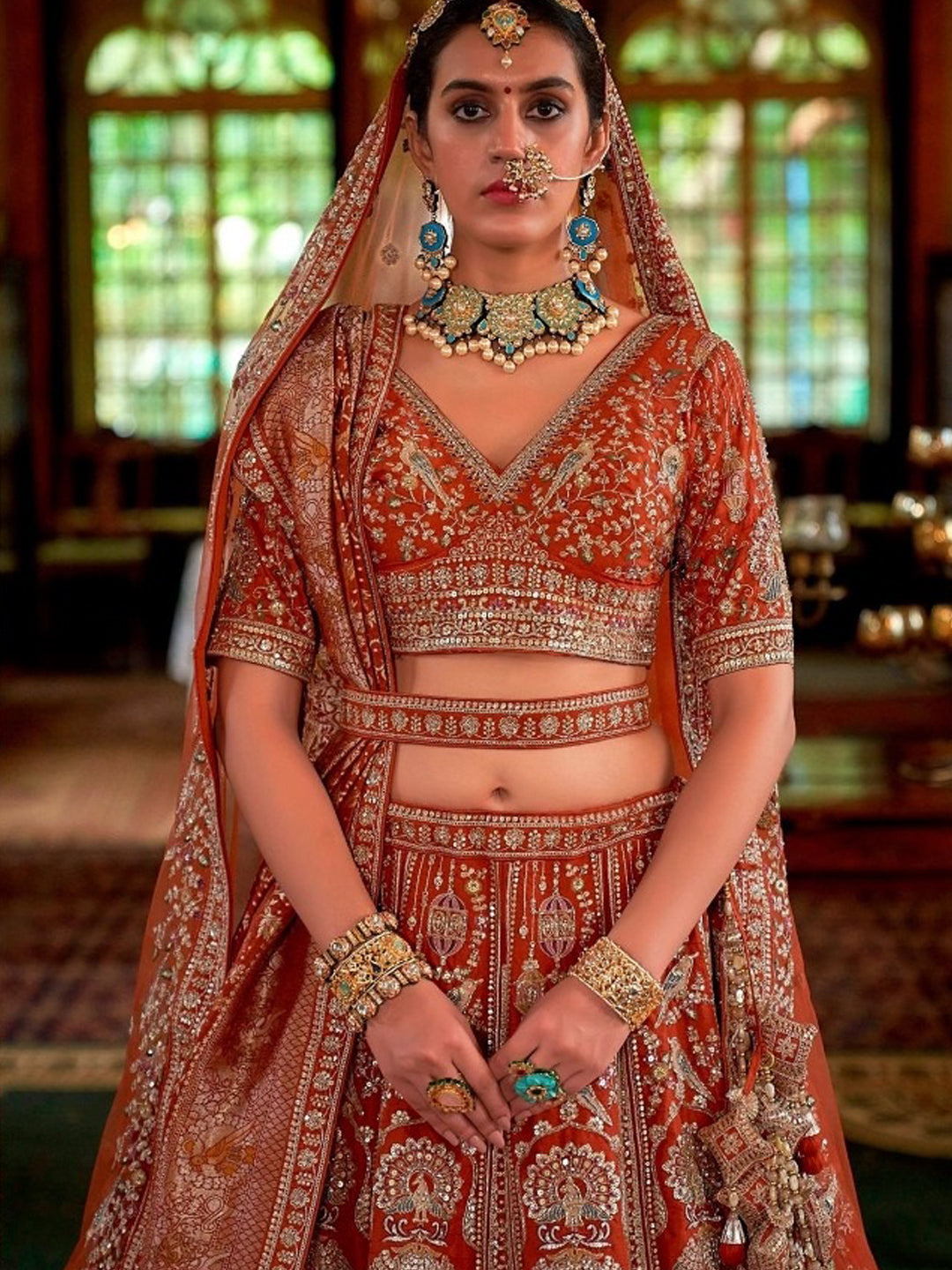 Silk Traditional Wedding Reception Bridal Lehenga In Orange color-41102