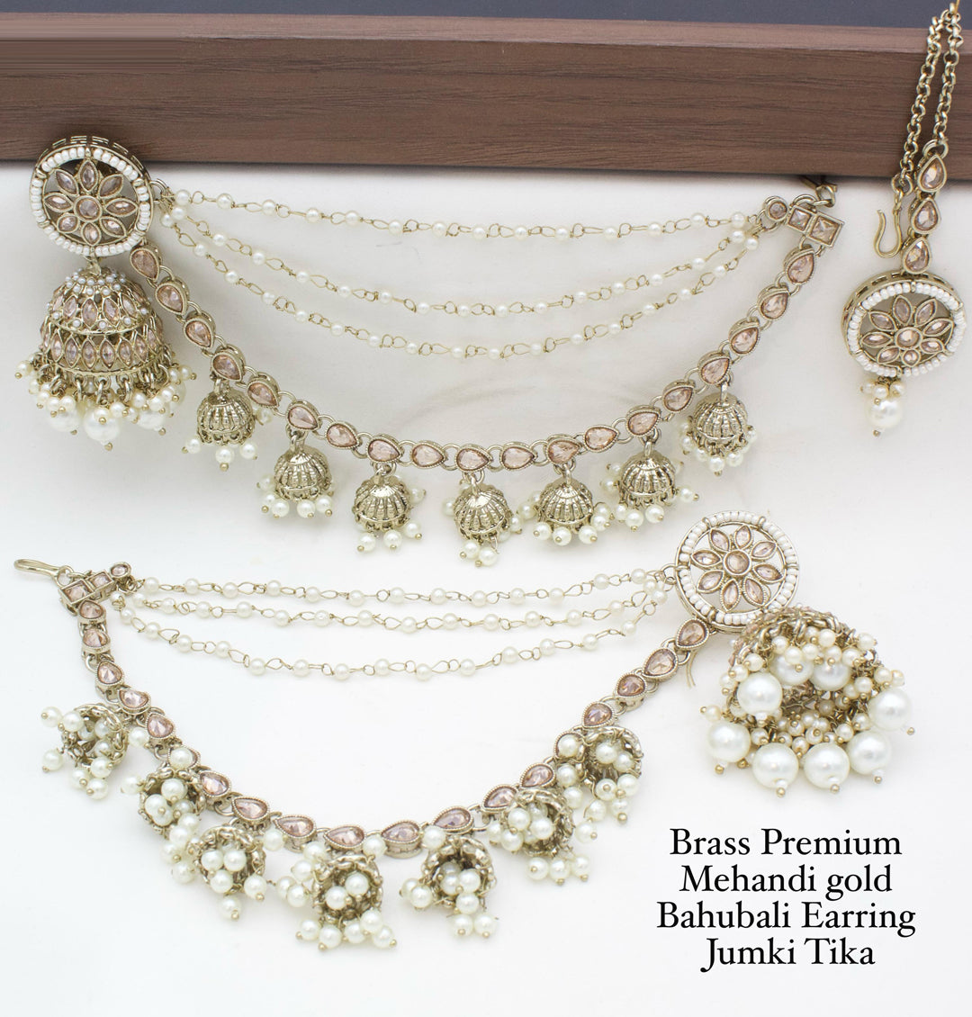 Brass Premium quality Mehandi Gold Bahubali Earring jumki tika set-301149