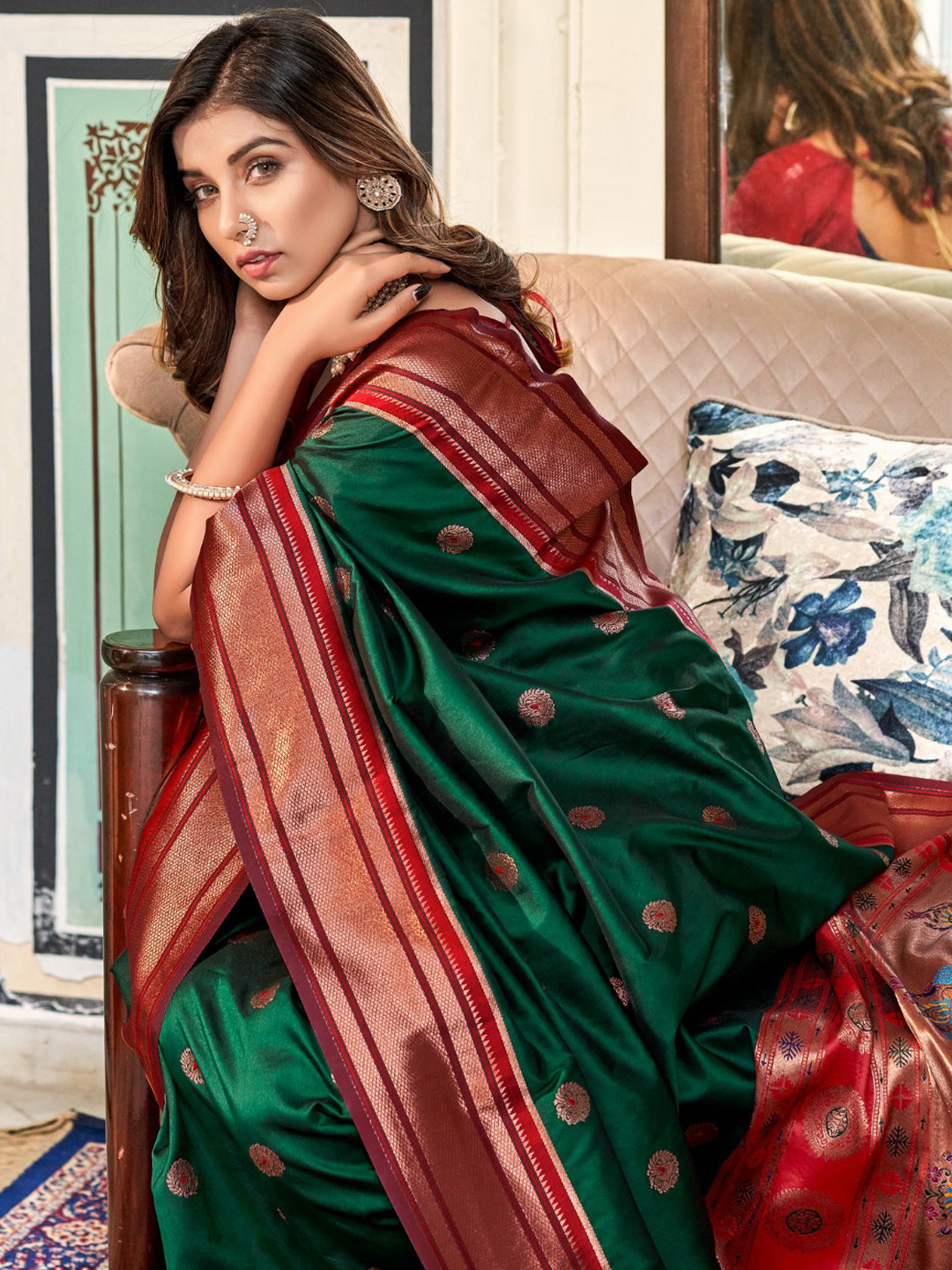 Embroidered Paithani Silk Traditional Partywear Saree In Green Color-81776