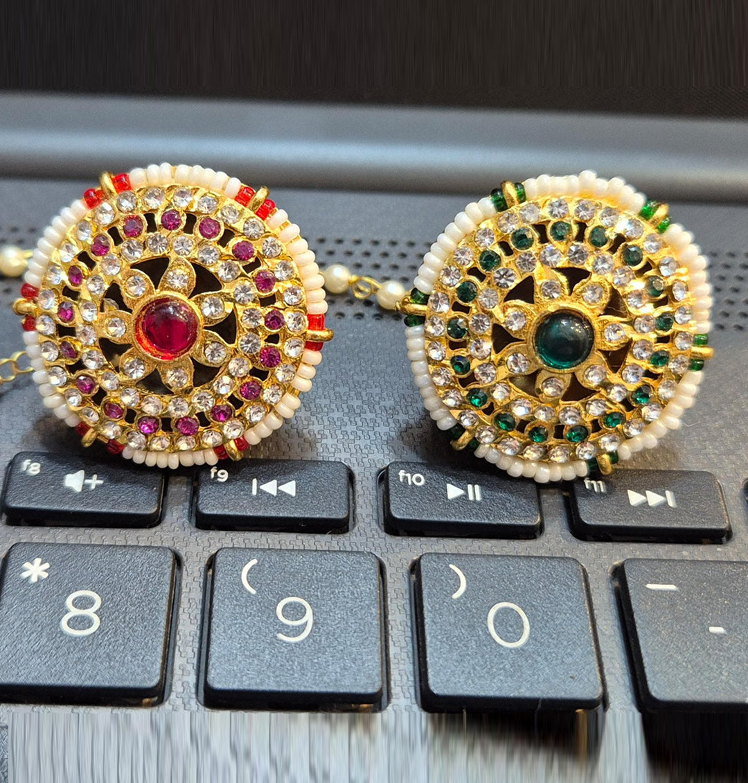 Rajasthani borla with Green Red and White Pearl-91225