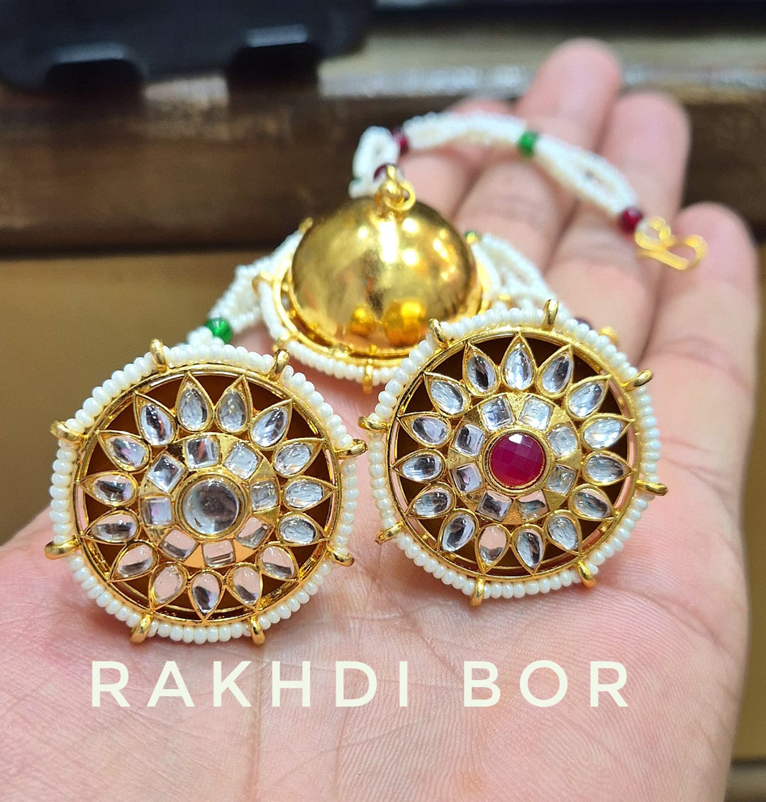 Rajasthani borla with Green Red and White Pearl-91226