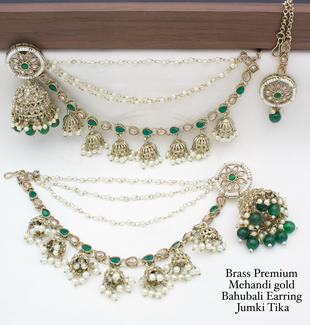 Brass Premium quality Mehandi Gold Bahubali Earring jumki tika set-301153