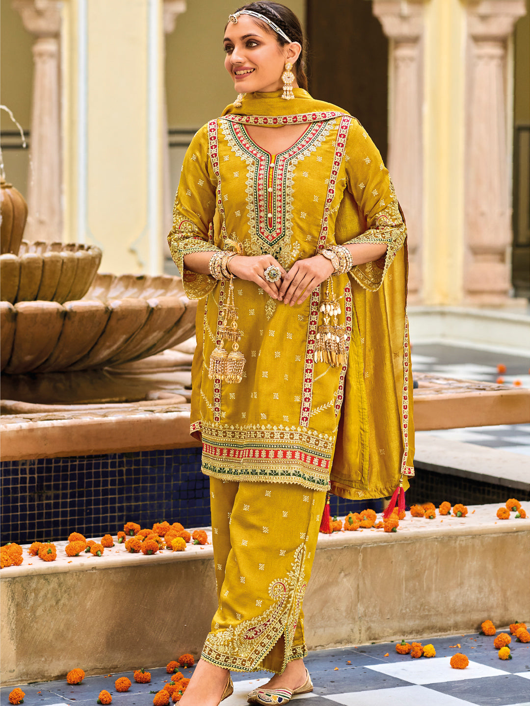 Embroidered Silk Salwar Kameez in Yellow Color-81755