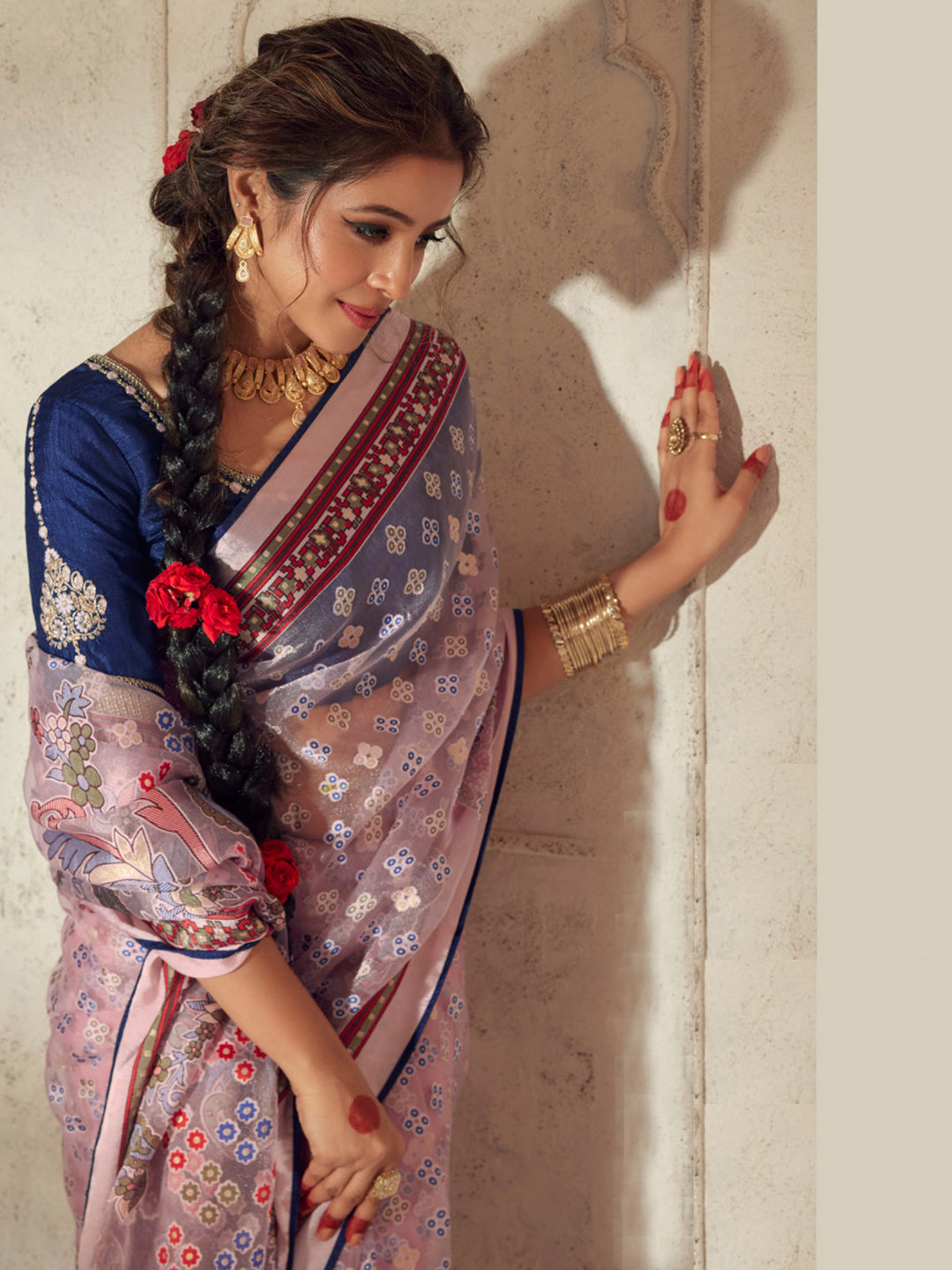 Printed Organza Silk Partywear Sangeet Saree In Violet Color-81568