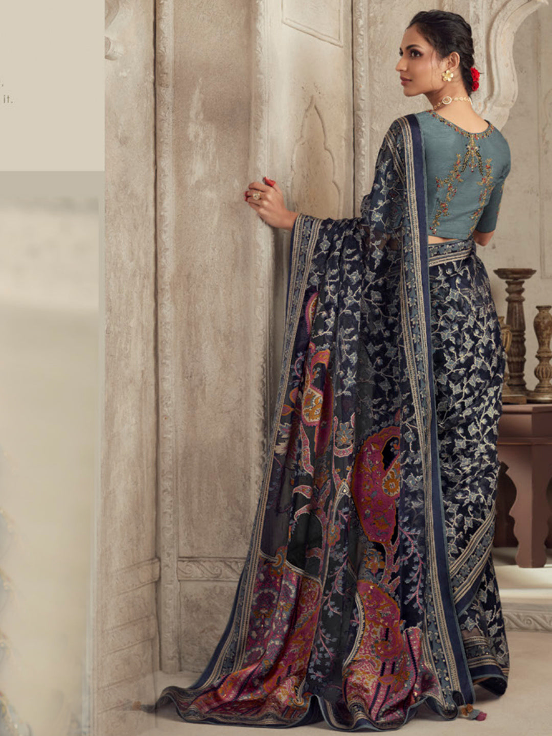 Printed Organza Silk Partywear Sangeet Saree In Grey Color-81571