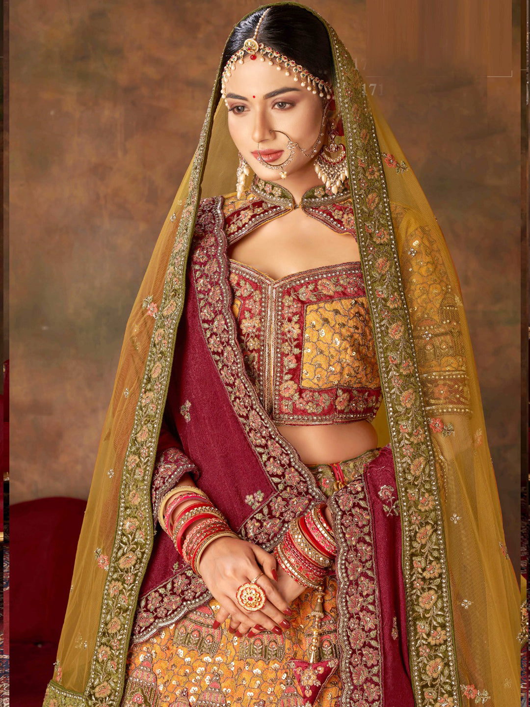 Embroidered Silk Bridal Lehenga with Double Chunni in Mustered color-81814