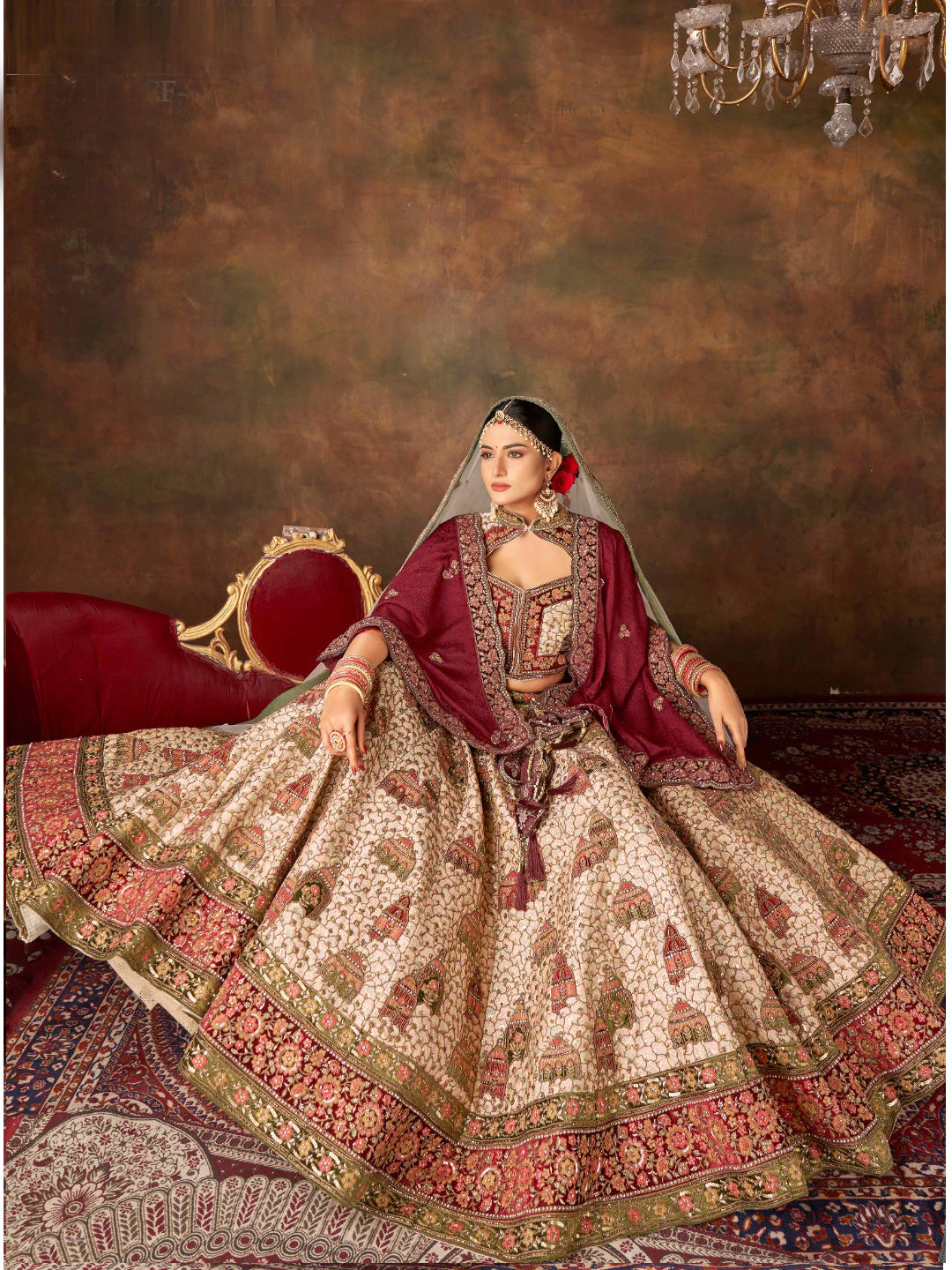 Embroidered Silk Bridal Lehenga with Double Chunni in off white color-81816