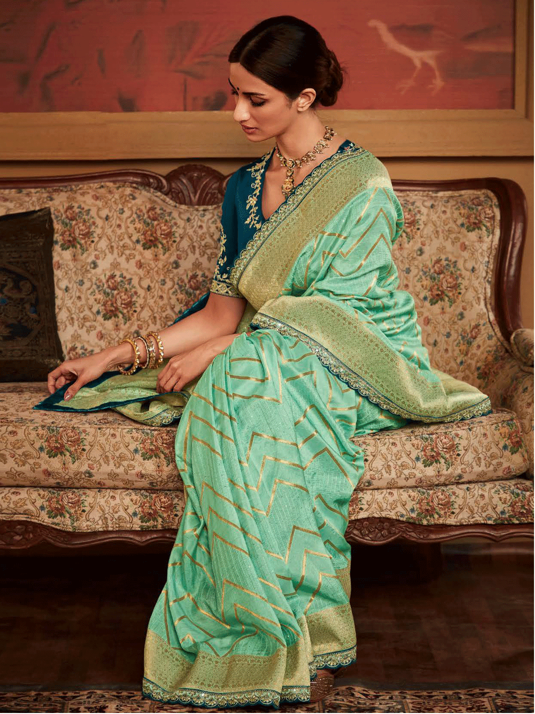 Embroidered Designer Pure Dola Silk Bridal Traditional Saree In Green