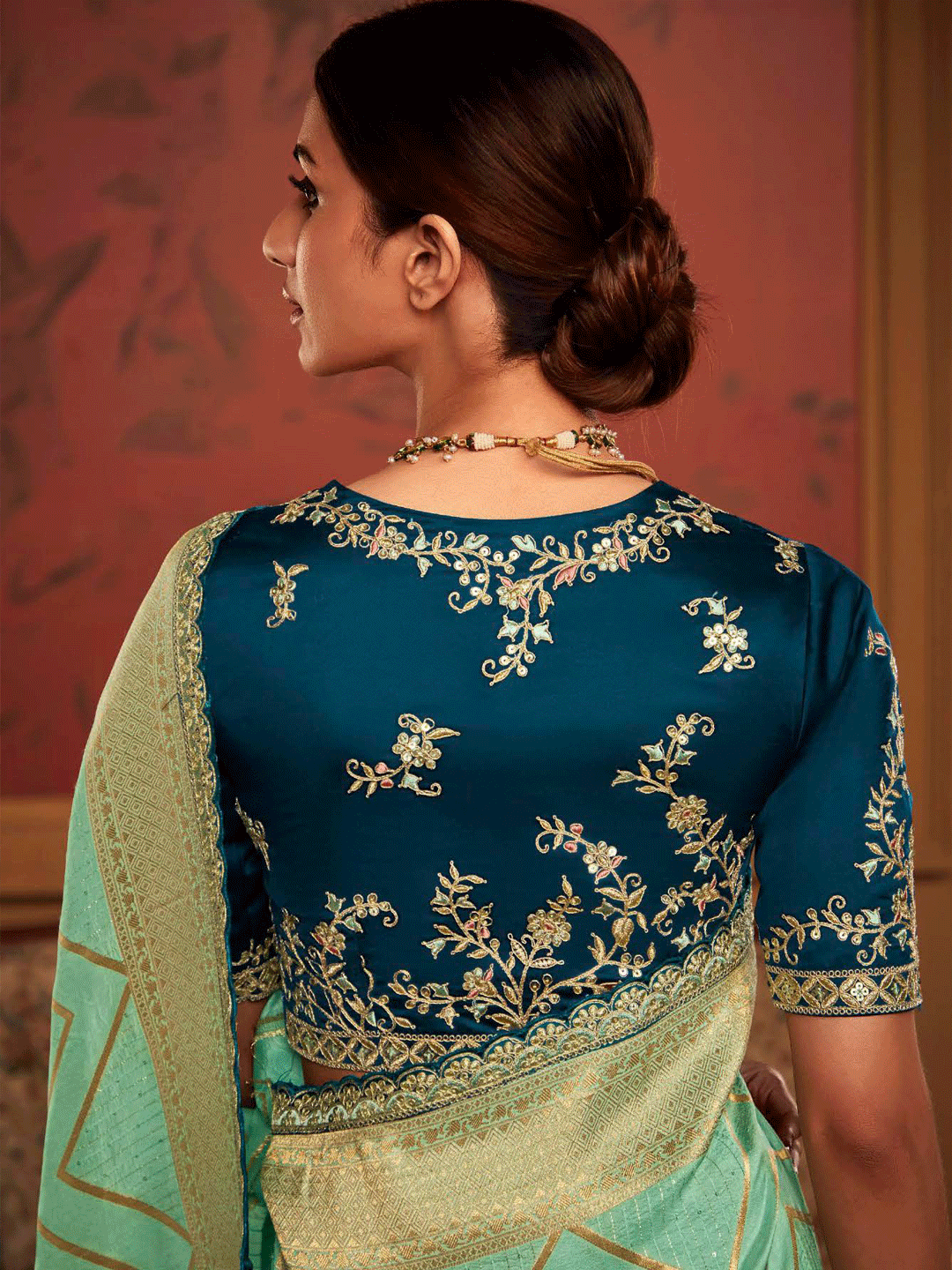 Embroidered Designer Pure Dola Silk Bridal Traditional Saree In Green