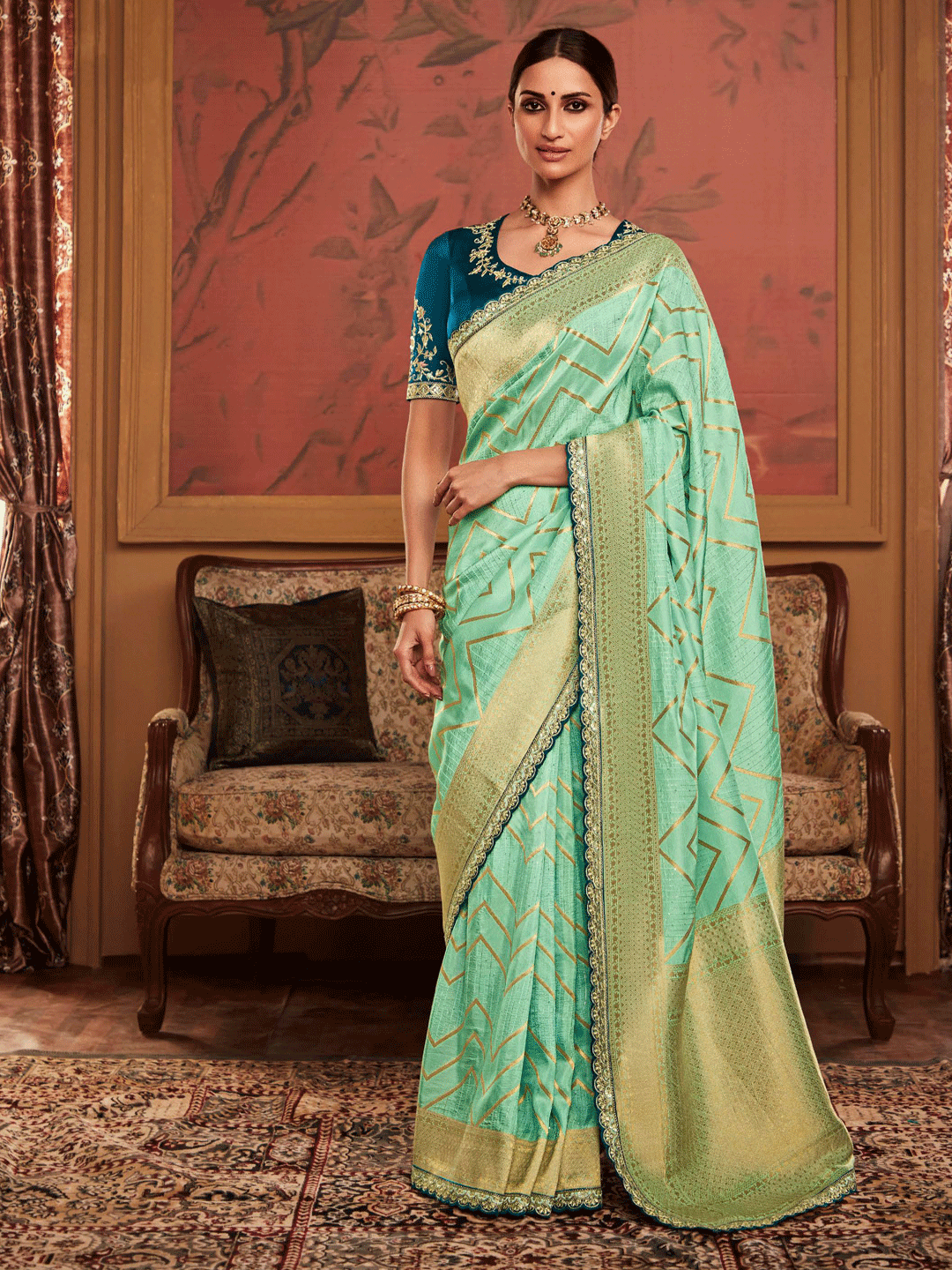 Embroidered Designer Pure Dola Silk Bridal Traditional Saree In Green