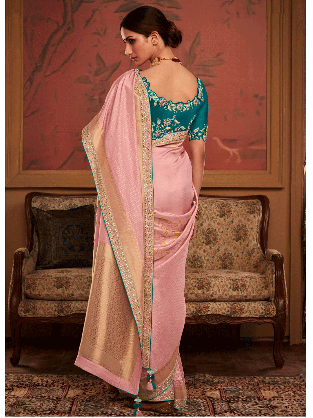 Embroidered Designer Pure Dola Silk Bridal Traditional Saree In Pink