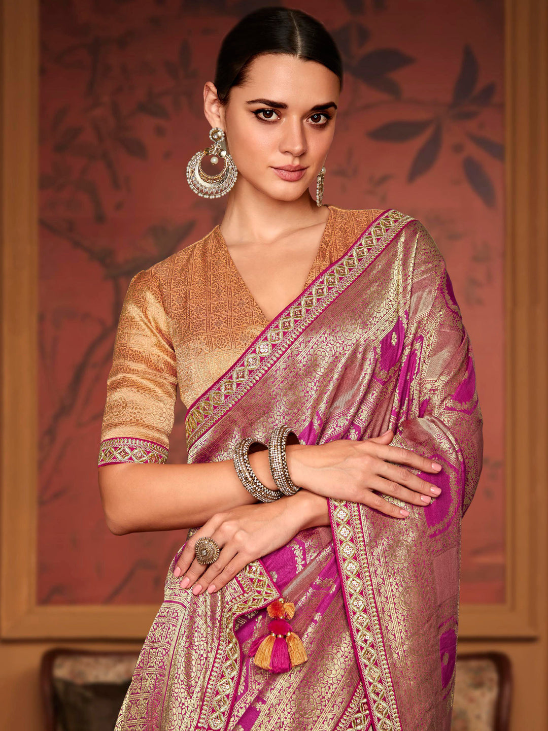 Embroidered Designer Pure Dola Silk Bridal Traditional Saree In Pink-81093