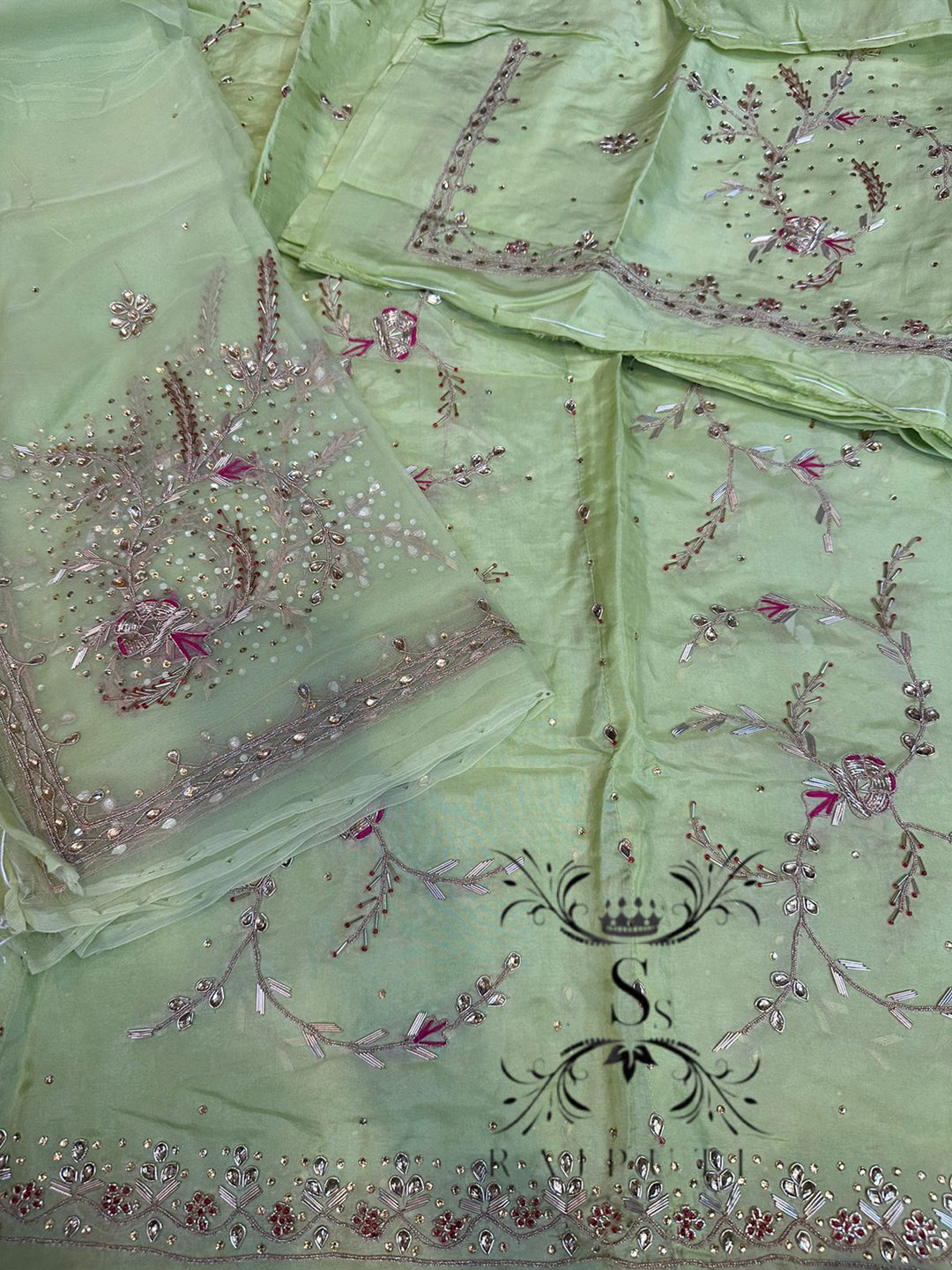 Dabka Jardoji Upada Satin and Heavy Thakurji Pure Bridal Rajputi Poshak In Light Green Color-81548