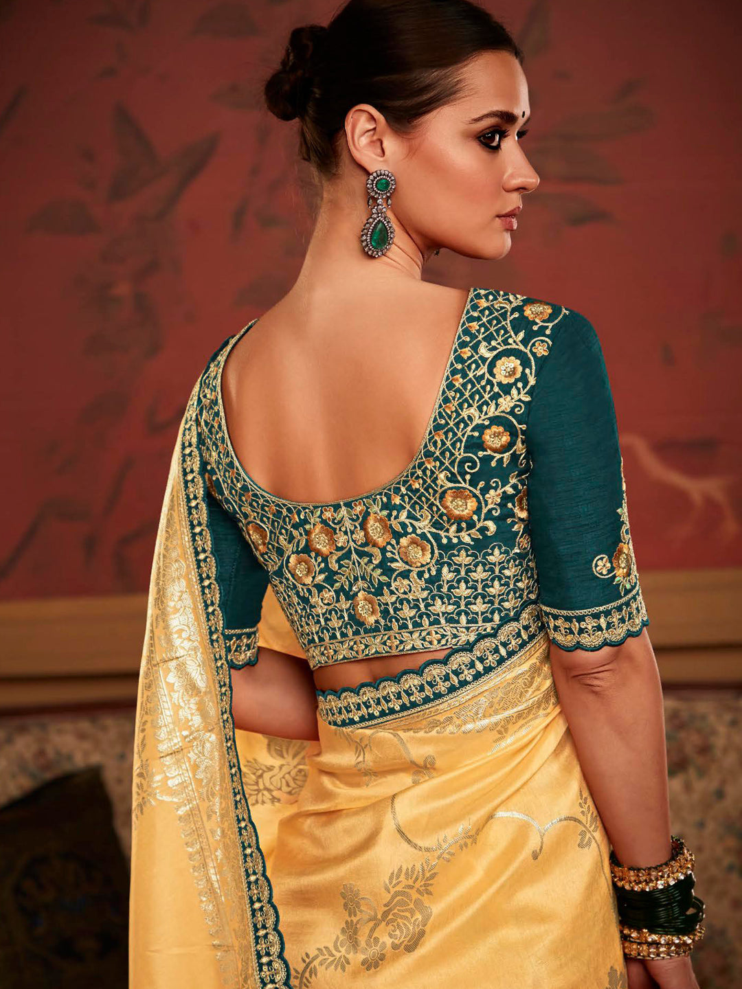 Embroidered Designer Pure Dola Silk Bridal Traditional Saree In Gold-1