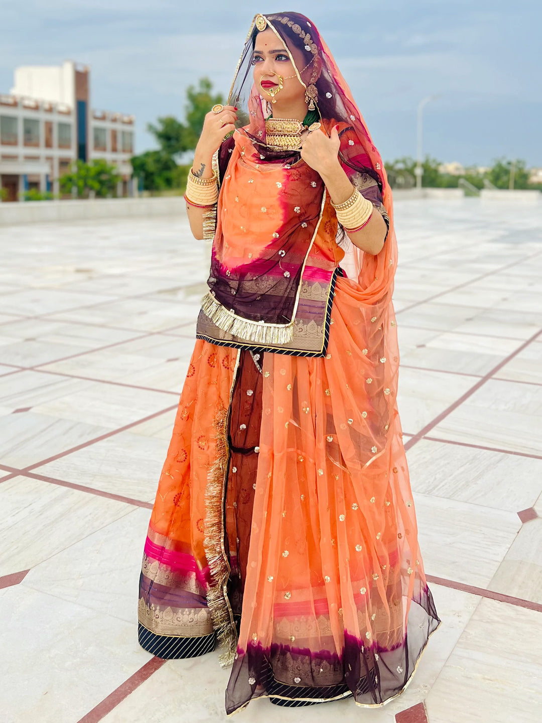 Organza Festive Banarsi Border Work Rajputi Poshak In Peach Color-81152