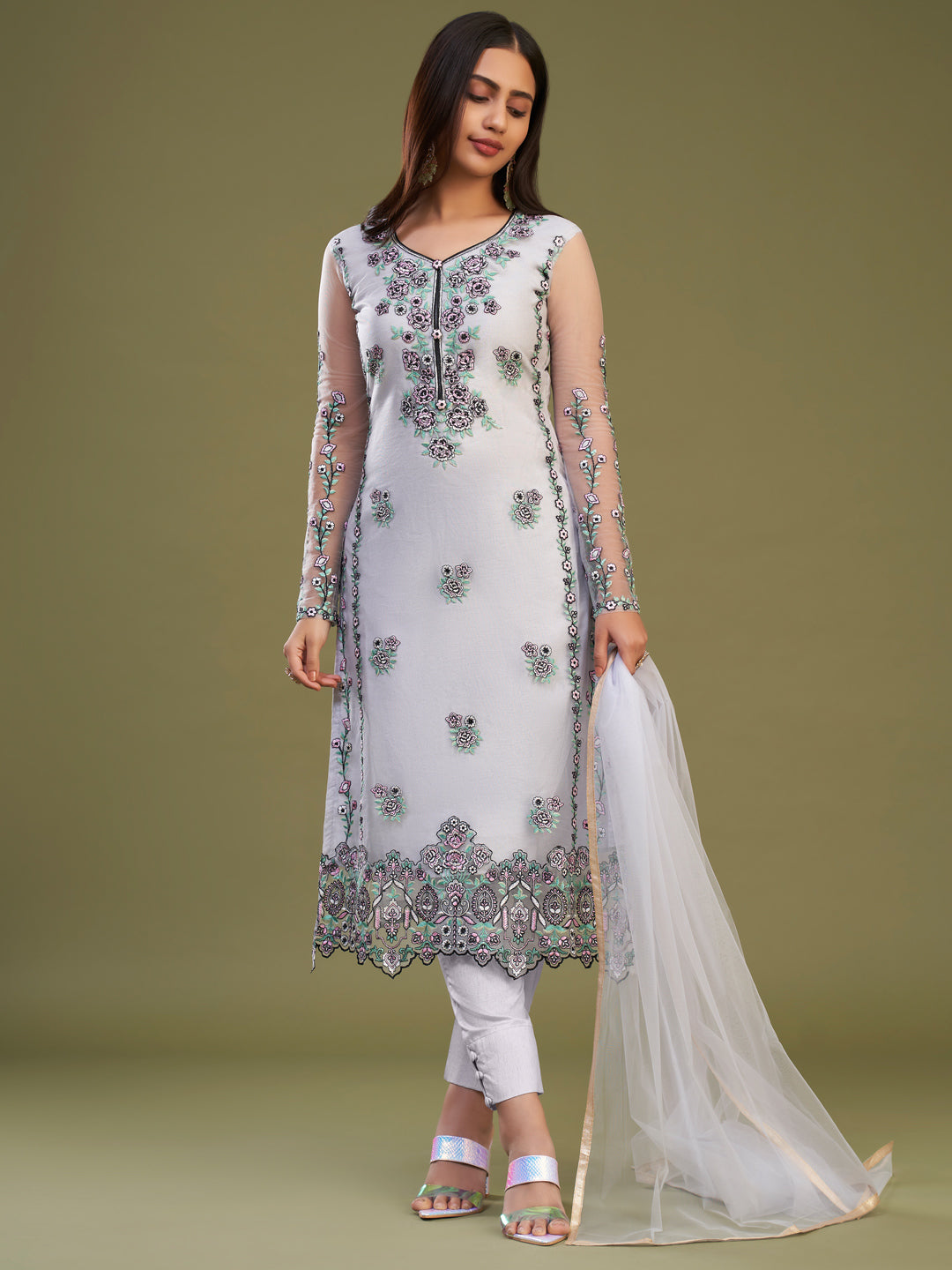 Thread Embroidered Banglori Silk and Net Salwar Kameez in White Color-81598