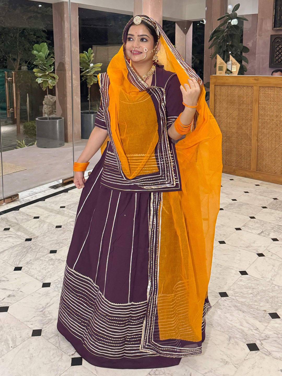 Cotton Gujarati Pattern Dandiya Rai Bandhej Print Un-Stitched Rajputi Poshak in Purple color-81375