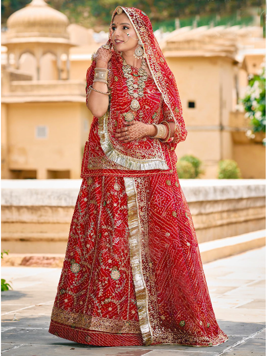 Kundan Bandhani Royal Goregtte Rajputi Poshak In Red Color 81847 Saundaryam Fashions