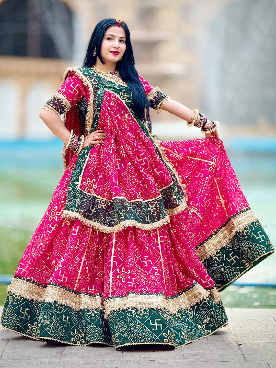 Designer Gorgette 13 meter full Gher Premium quality Stitched Rajasthani Lehenga Choli in red and Green color-91347