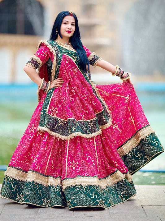 Designer Gorgette 13 meter full Gher Premium quality Stitched Rajasthani Lehenga Choli in red and Green color-91347