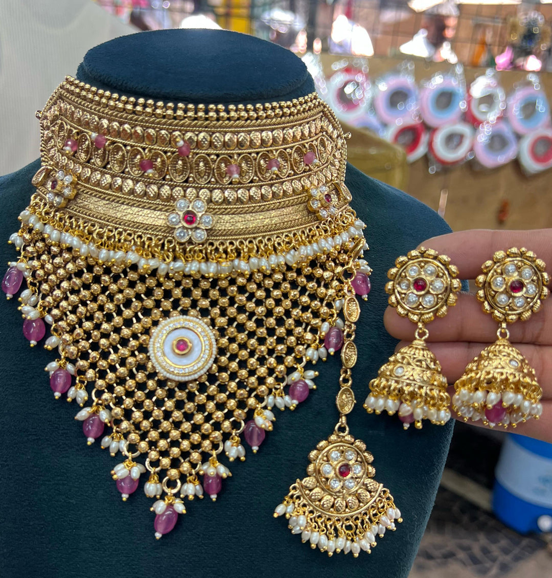 Gold Premium quality Rajwadi Kundan Jewellery Rajputi Aad Set-301154
