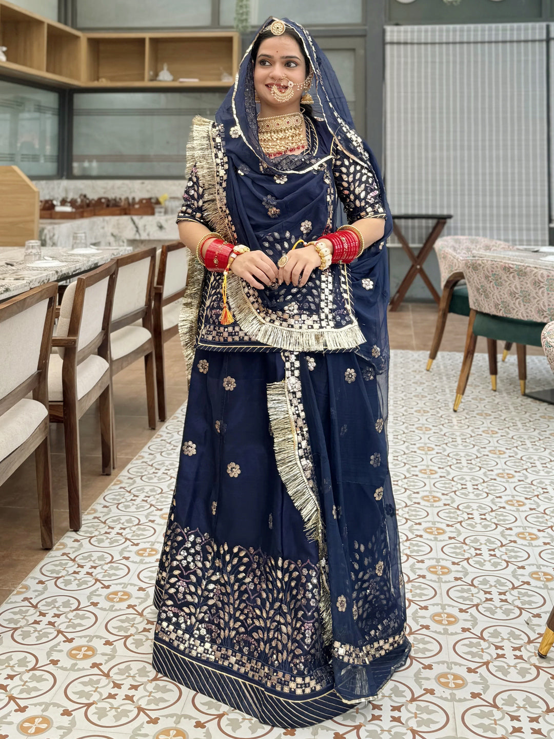 blue rajputi dress Elegance Rajputi Poshak in Peacock Blue with Broad Border Lafa Work