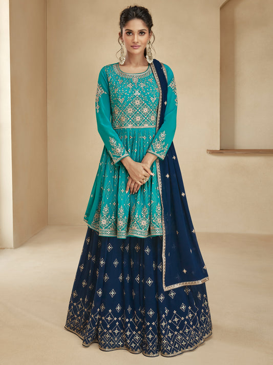 Embroidered Georgette Free Size Sharara style Salwar Kameez in Blue Color-71046
