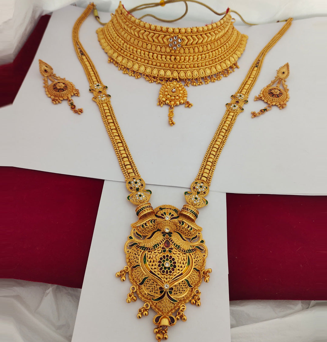 Traditional High Quality Gold Rajputi Necklace Set With Long Golden Rani Haar with Earing -301138