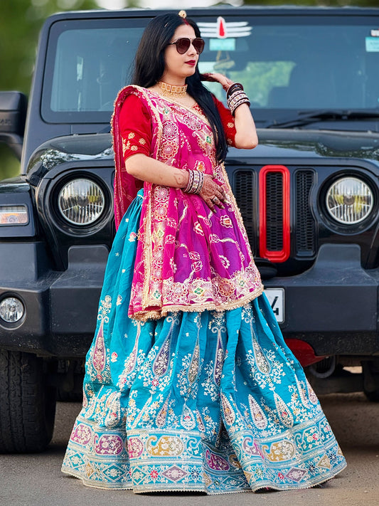 Designer Gorgette 7 meter full Gher Premium quality Stitched Rajasthani Lehenga Choli in Pink and Blue color-91346