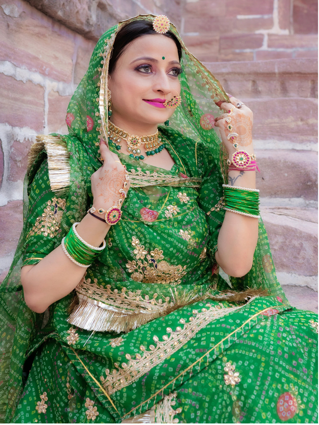 Kundan Bandhani Hamrahi Pure Rajputi Poshak In Green Color-81377