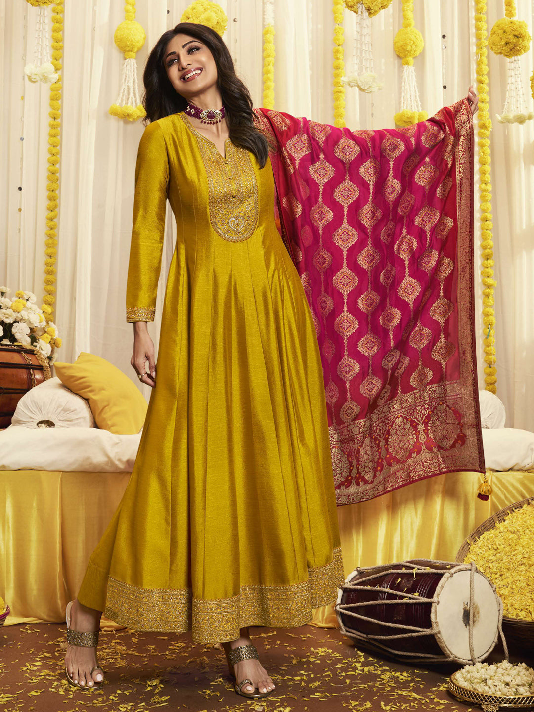 Meena Work Pure Viscose Dola Jacquard Hald and Sangeet Salwar Kameez in Yellow Color-81602