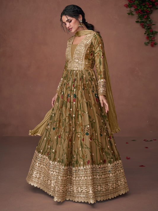 Sequence Pure Organza Silk Free Size Gown style Salwar Kameez in Green-71042