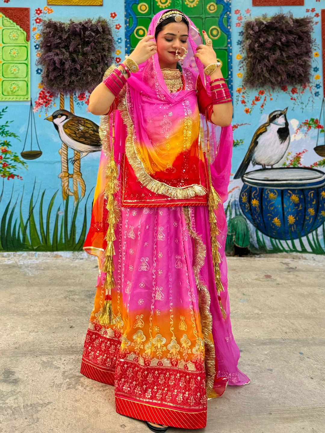 Organza Tissue Three-Tone with sequence Embellishments Semi Stitch Rajputi Poshak -81148