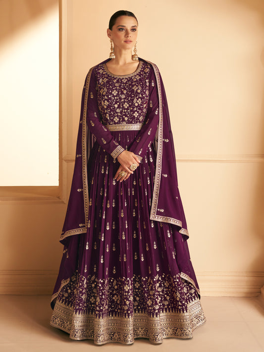 Embroidered Georgette Free Size Salwar Kameez in Purple Color-71022