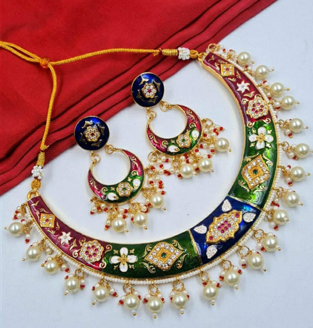 Macro Polish AD HD Stone light weight Rajputi Neclace Set-91214